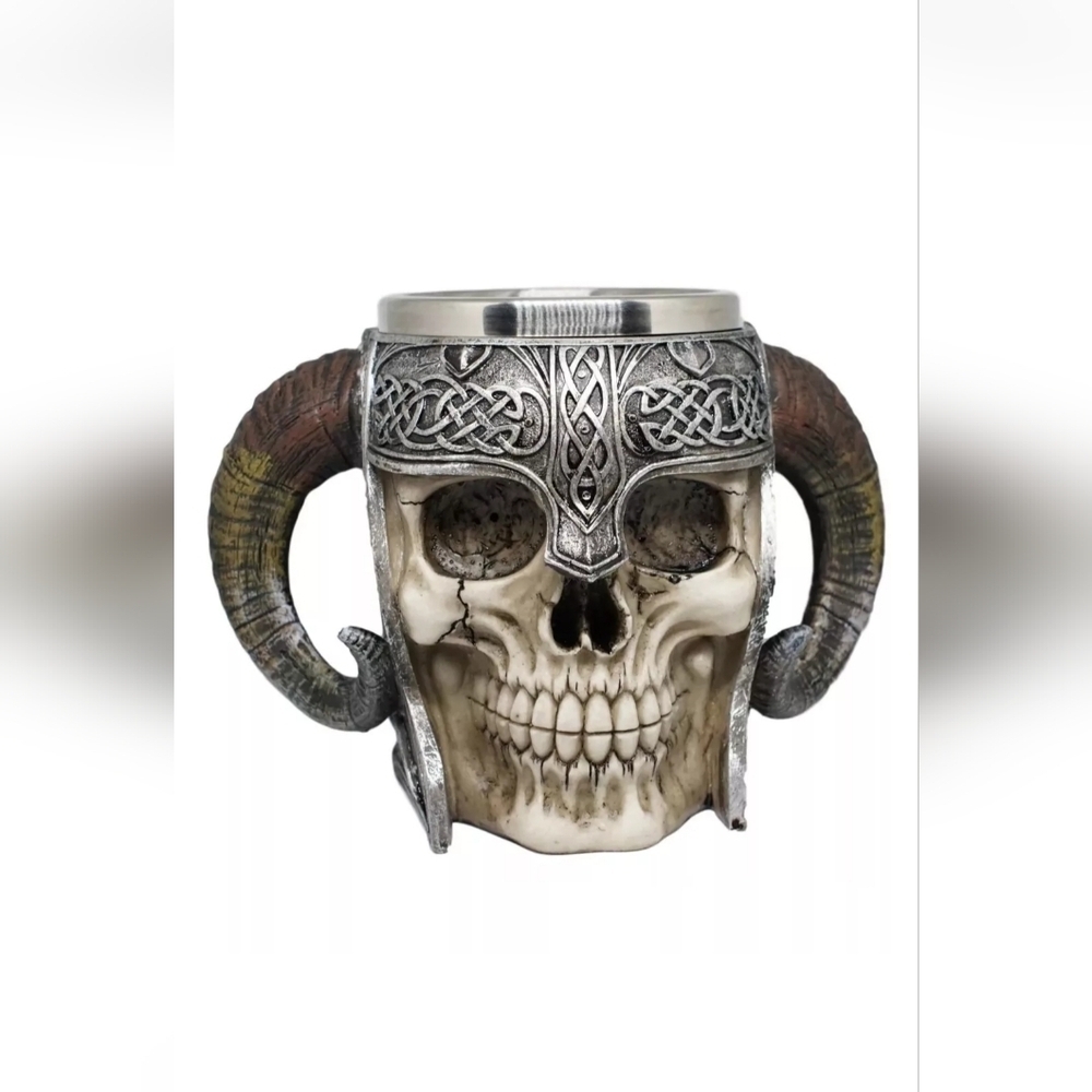 Ancient Viking Warrior Horned Mug Resin Unused Skull Stein Beverage Hot Cold